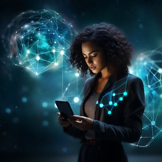 Mulher olhando o celular pensando nos desafios do setor de engenharia e como a inteligência artificial pode ajudar