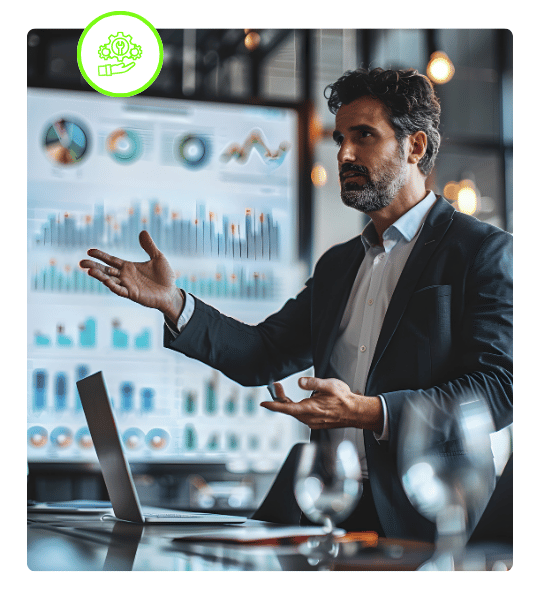 Homem palestrando no escritório sobre inteligência artificial para engenharia